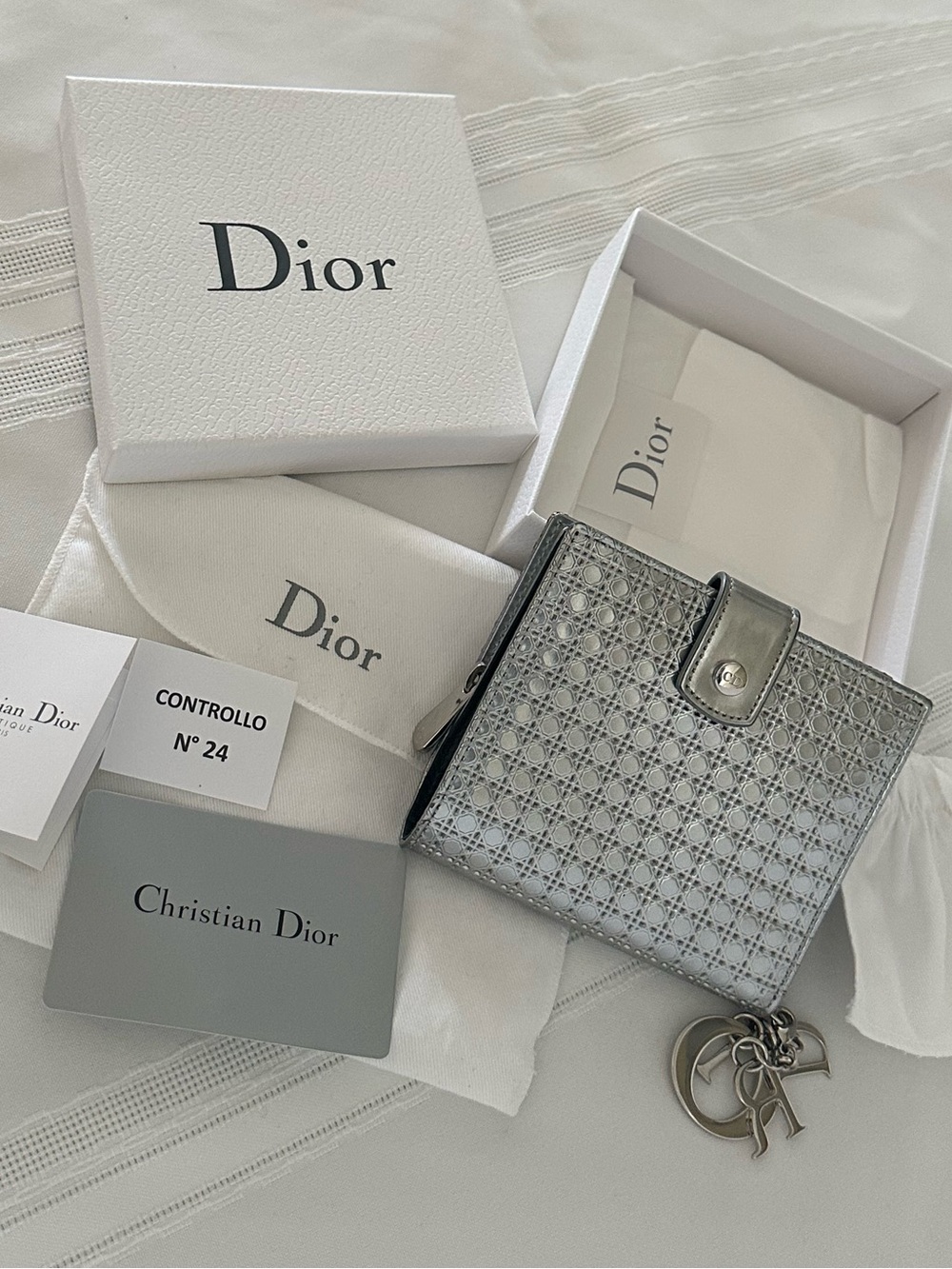 Dior Metallic Silver Cannage Leather Compact Wallet with Letter Charms